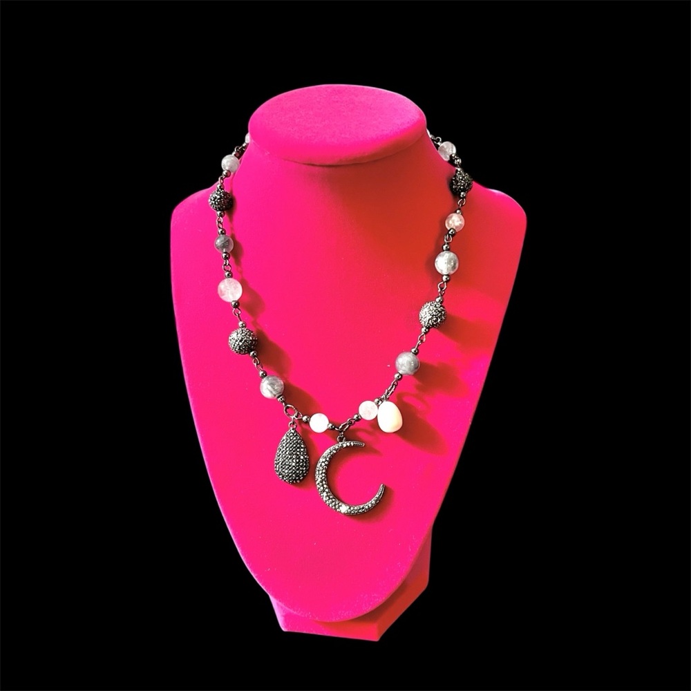 Chico's Celestial Necklace Black Gray Stones Black Crescent Moon Pearl Teardrop